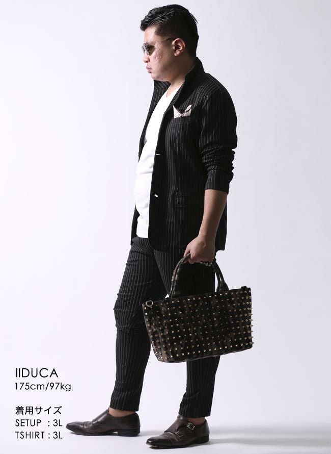 大きいサイズ メンズ】ストライプ柄 イタリアン襟 ストレッチ