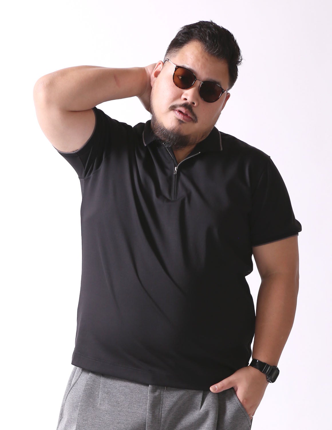 大きいサイズ メンズ】QZILLA ZIP POLO ハーフジップ ライン 鯨刺繍