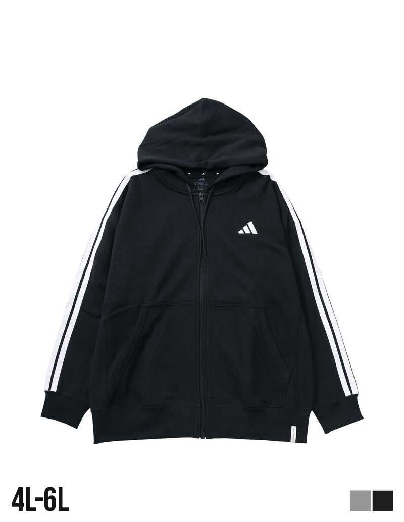 大きいサイズ メンズ adidas アディダス パーカー ESS+3S スウェット フルジップ フーディ ブラック 正面